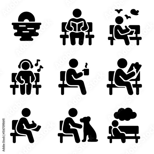 Serene Bench Activities. Solid, filled icon set of peaceful moments on benches: sunset, reading book, watching birds, listening