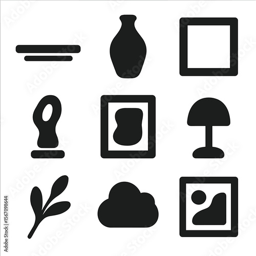 Modern Mantel Icons. Solid, filled icons set of modern mantel aesthetics: clean shelf, minimalist vase, simple