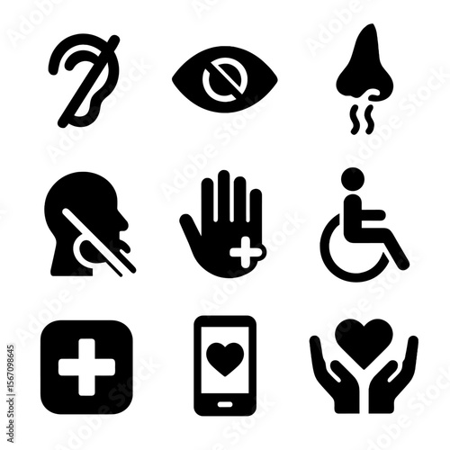 Sensory Impairment Icons. Solid, filled icon set of sensory impairments: hearing loss icon, vision blur, smell loss, taste