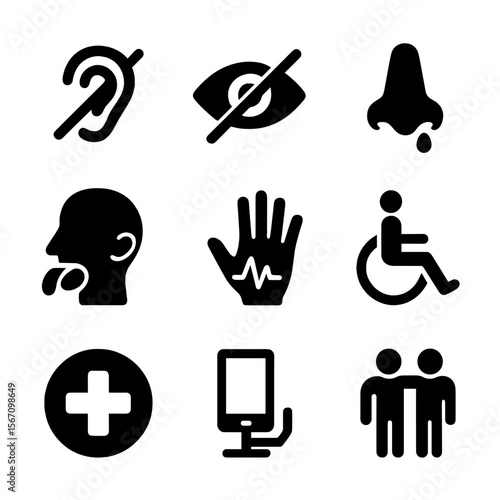 Sensory Impairment Icons. Solid, filled icon set of sensory impairments: hearing loss icon, vision blur, smell loss, taste