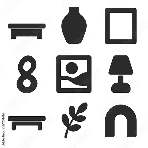 Modern Mantel Icons. Solid, filled icons set of modern mantel aesthetics: clean shelf, minimalist vase, simple