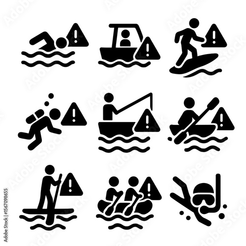 Water Activities Icons. Solid, filled icon set of water activities with hazards: swimming, boating, surfing, diving, fishing,
