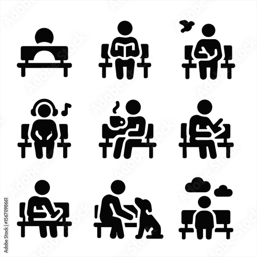 Serene Bench Activities. Solid, filled icon set of peaceful moments on benches: sunset, reading book, watching birds, listening