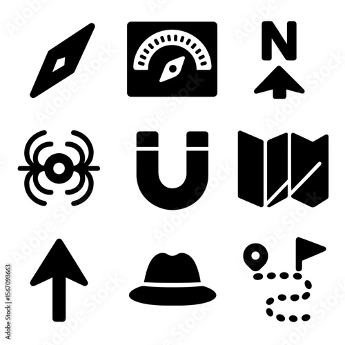 Modern Navigation Icons. Solid, filled icons set of magnetic navigation tools: compass needle, declination