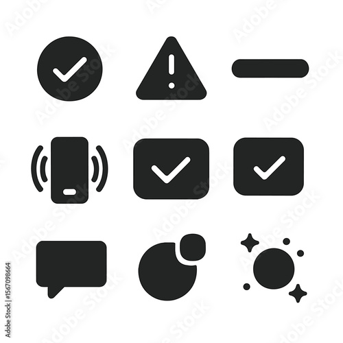 Modern Microinteraction Icons. Solid, filled icons set of user feedback microinteractions: success checkmark,