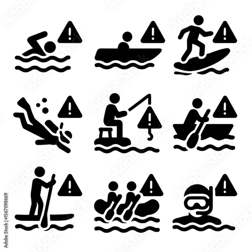 Water Activities Icons. Solid, filled icon set of water activities with hazards: swimming, boating, surfing, diving, fishing,