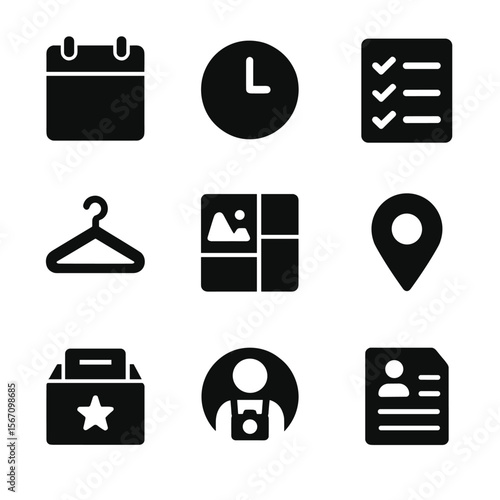 Photo Session Icons. Solid, filled icon set of photo session planning tools: calendar, clock, checklist, outfit hanger, mood board