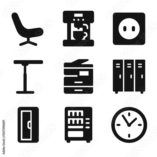 Modern Office Icons. Solid, filled icons set of modern office amenities: lounge chair, coffee machine, power