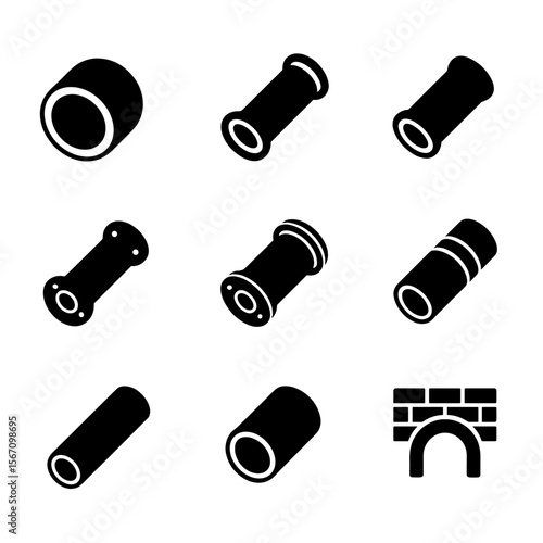 Sewer Pipe Icons. Solid, filled icon set of sewer pipe materials: concrete pipe, PVC pipe, clay pipe, cast iron pipe, ductile iron
