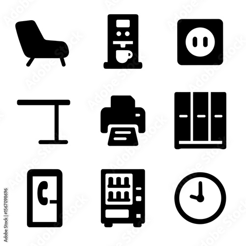 Modern Office Icons. Solid, filled icons set of modern office amenities: lounge chair, coffee machine, power