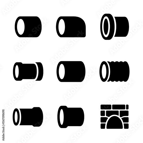 Sewer Pipe Icons. Solid, filled icon set of sewer pipe materials: concrete pipe, PVC pipe, clay pipe, cast iron pipe, ductile iron
