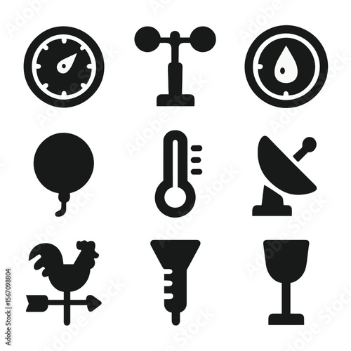 Weather Instruments Icons. Solid, filled icon set of atmospheric instruments: barometer, anemometer, thermometer, hygrometer,