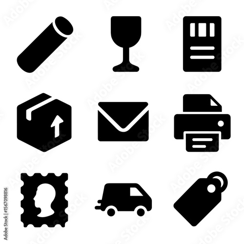 Shipping Icons Collection. Solid, filled icon set of shipping and mailing tools: mailing tube, fragile label, shipping label,