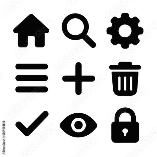 Modern UI Icon Grid. Solid, filled icons set of common UI interface symbols: home, search, settings gear,