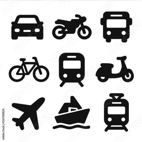 Modern Transport Icons. Solid, filled icons set of modern transportation modes: car icon, motorcycle, bus icon