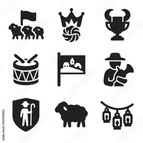 Shepherd Festival Icons. Solid, filled icon set of shepherd festivals and symbols: sheep parade, wool crown, horn trophy,