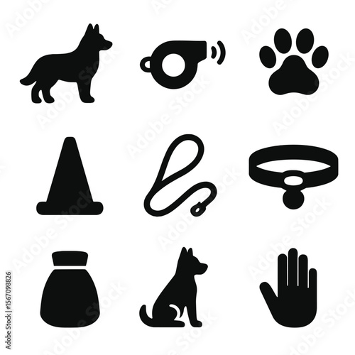 Shepherd Dog Icons. Solid, filled icon set of shepherd dog and training: sheepdog, whistle, paw print, agility cone, leash, dog