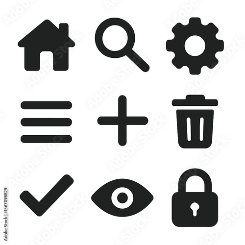 Modern UI Icon Grid. Solid, filled icons set of common UI interface symbols: home, search, settings gear,