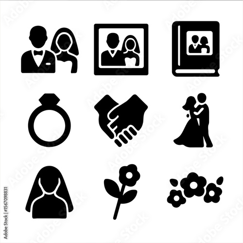 Wedding Icon Set. Solid, filled icon set of couple portraits: bride and groom silhouettes, wedding photo frame, wedding album,