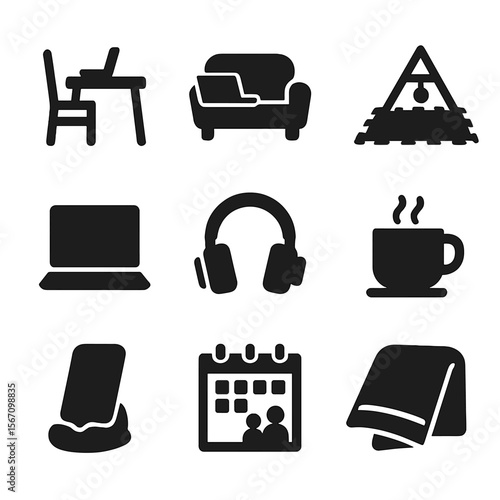 Modern Workspace Icons. Solid, filled icons set of flexible workspace environments: kitchen table, sofa