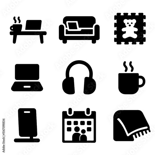 Modern Workspace Icons. Solid, filled icons set of flexible workspace environments: kitchen table, sofa