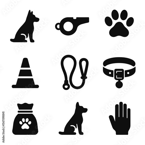 Shepherd Dog Icons. Solid, filled icon set of shepherd dog and training: sheepdog, whistle, paw print, agility cone, leash, dog