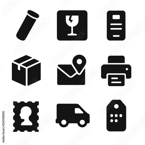 Shipping Icons Collection. Solid, filled icon set of shipping and mailing tools: mailing tube, fragile label, shipping label,