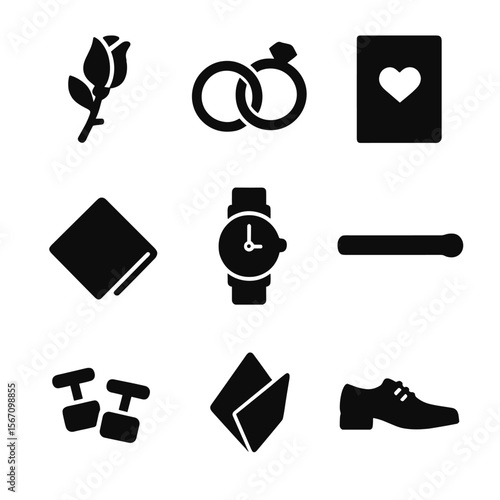 Wedding Necessities Icons. Solid, filled icon set of wedding day essentials: boutonniere, wedding rings, vows book, handkerchief,
