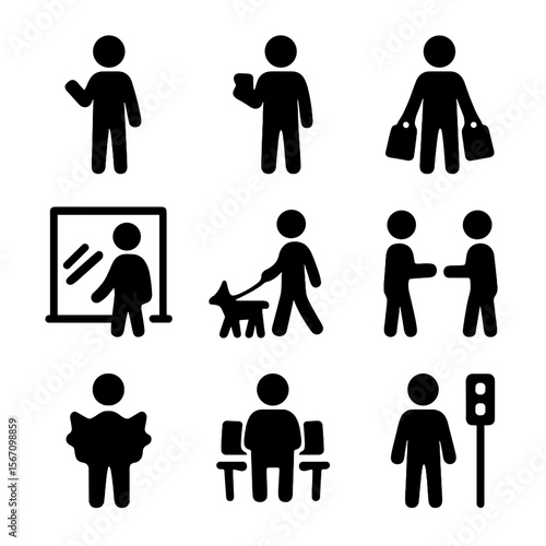 Shopper Activity Icons. Solid, filled icon set of Shopper activities: browsing phone, holding coffee, carrying shopping bags,