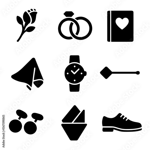 Wedding Necessities Icons. Solid, filled icon set of wedding day essentials: boutonniere, wedding rings, vows book, handkerchief,