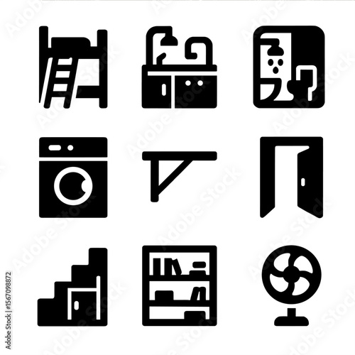 Modular Apartment Icons. Solid, filled icons set of tiny modular apartments: ladder loft, kitchenette unit,