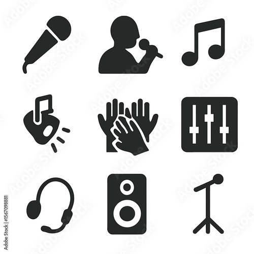Wedding Performance Icons. Solid, filled icon set of vocal performances at weddings and parties: microphone, singer silhouette,