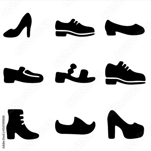 Wedding Shoe Icons. Solid, filled icon set of wedding footwear: bridal heels, groom’s oxford shoes, satin flats, loafers, jeweled