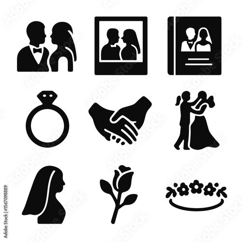 Wedding Icon Set. Solid, filled icon set of couple portraits: bride and groom silhouettes, wedding photo frame, wedding album,