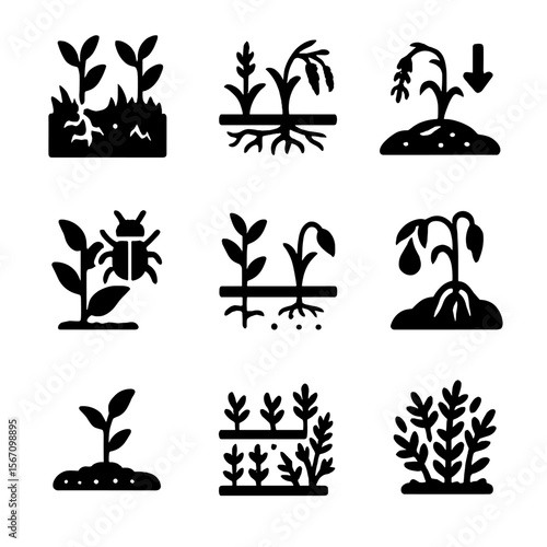 Weed Impact Icons. Solid, filled icon set of weed impact on agriculture: crop damage, root competition, yield loss, pest habitat,
