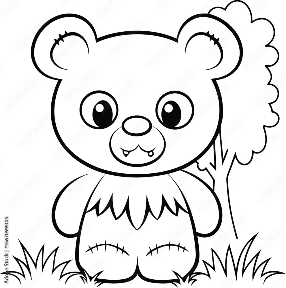 Obraz premium cute zombie teddy bear add grass and a tree colo (1).eps