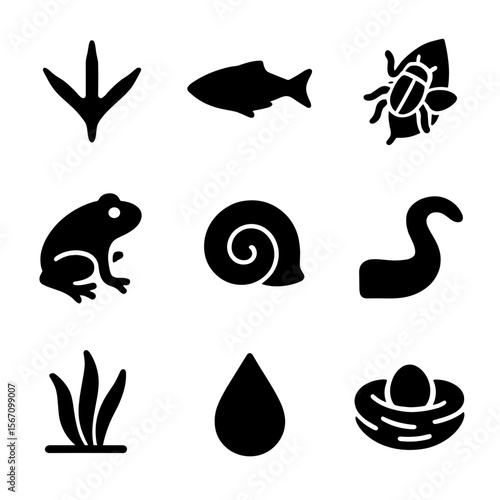 Wetland Biodiversity Icons. Solid, filled icon set of wetland biodiversity indicators: bird footprint, fish silhouette, insect on