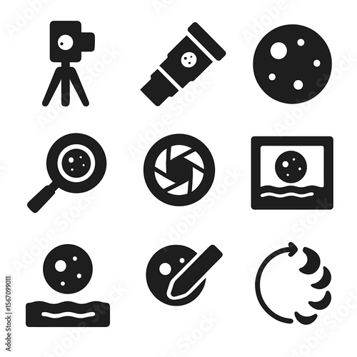 Moon Photography Icons. Solid, filled icons set of moon photography: camera tripod, night lens, lunar