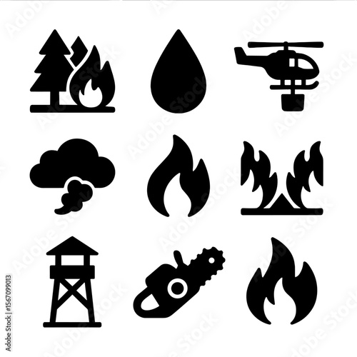Wildfire Fighting Icons. Solid, filled icon set of wildfire fighting: forest fire, water drop, helicopter, fire retardant, smoke