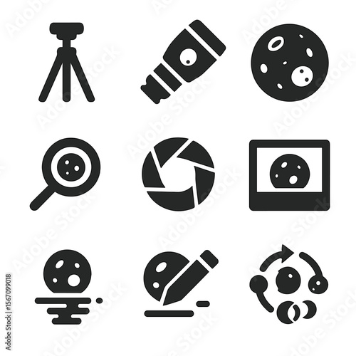 Moon Photography Icons. Solid, filled icons set of moon photography: camera tripod, night lens, lunar