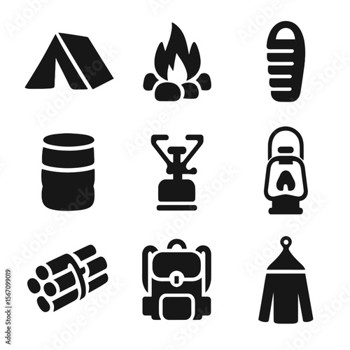 Wilderness Camping Icons. Solid, filled icon set of wilderness camping after paddling: pitched tent, campfire ring, sleeping bag,