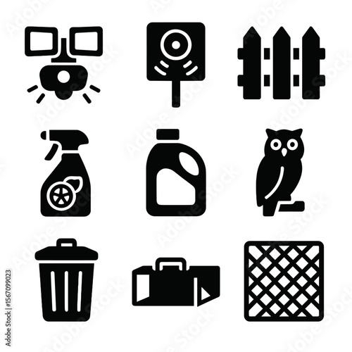 Skunk Deterrent Icons. Solid, filled icon set of skunk deterrents: motion light, ultrasonic sensor, fence barrier, citrus spray,