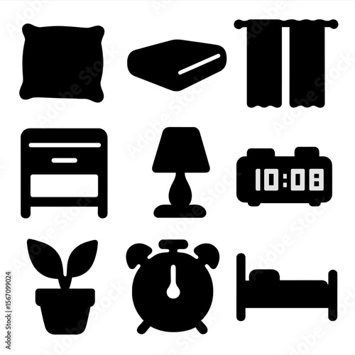 Sleep Environment Icons. Solid, filled icon set of sleep environment: pillow, mattress, blackout curtain, bedside table, bedside