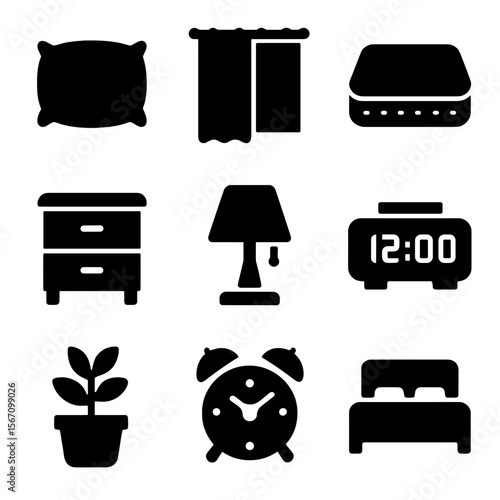 Sleep Environment Icons. Solid, filled icon set of sleep environment: pillow, mattress, blackout curtain, bedside table, bedside