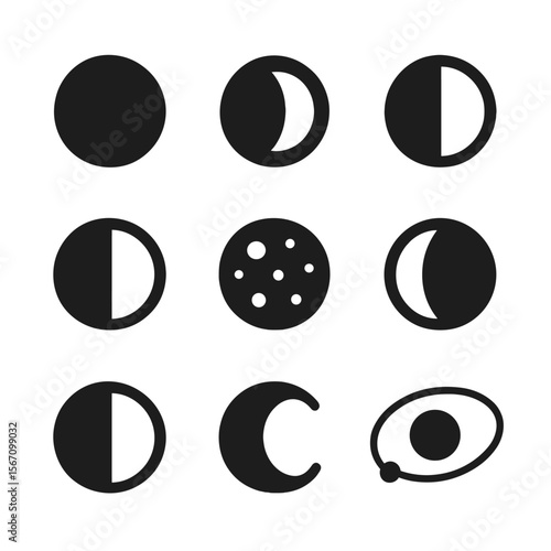 Moon Phases Icons. Solid, filled icons set of the phases of the moon: new moon, waxing crescent, first quarter