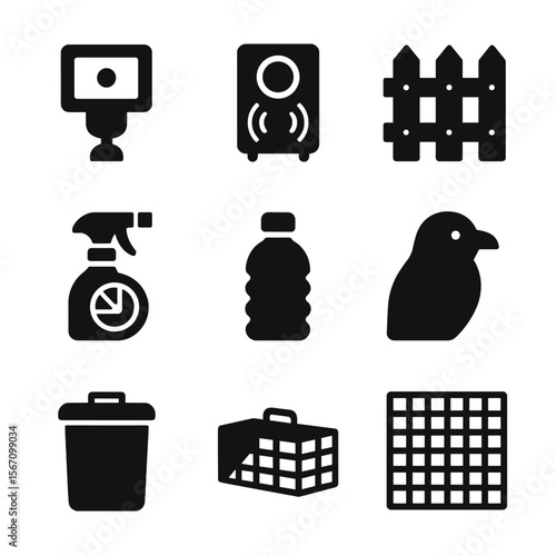 Skunk Deterrent Icons. Solid, filled icon set of skunk deterrents: motion light, ultrasonic sensor, fence barrier, citrus spray,