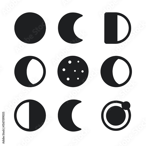 Moon Phases Icons. Solid, filled icons set of the phases of the moon: new moon, waxing crescent, first quarter