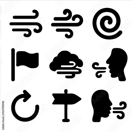 Wind Icons Collection. Solid, filled icon set of wind symbols and signs: breeze lines, wind gust icon, spiral swirl, flag waving,