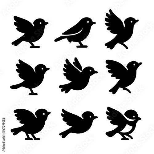 Small Birds in Motion. Solid, filled icon set of small birds in motion: robin flutter, finch hop, tit zoom, canary flap, warbler