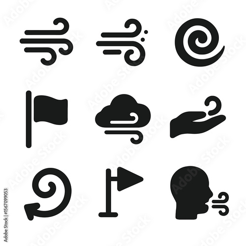 Wind Icons Collection. Solid, filled icon set of wind symbols and signs: breeze lines, wind gust icon, spiral swirl, flag waving,